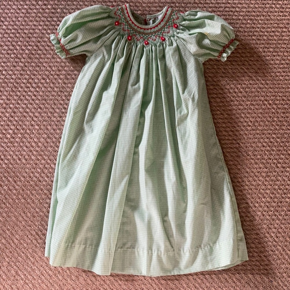 Toddler girls smocked green plaid dress
